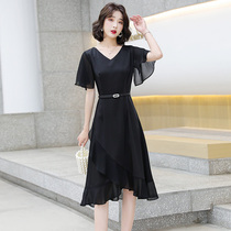 Black Tandem Dress Women Snowspun Summer Dress 2021 New Fish Tail Dress Summer Temperament Short Sleeve Irregular Skirt Tide