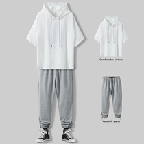 Short sleeve T-shirt for mens sweatshirt summer ins trend suit loose ice sensation even cap blouses ruffling handsome mens set