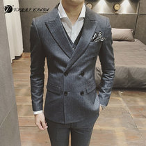 Suit mens suit Korean slim vertical stripe business leisure plus size suit mens youth three-piece wedding dress