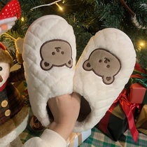 Korean lovers cute bear cotton slippers female winter boys home non-slip warm all-inclusive with plush cotton shoes