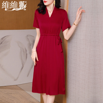 Pure color true silk one-piece dress lady 2022 new Hangzhou mulberry silk lacing dress with dress femininity V lead long dress