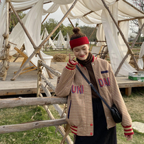 Baseball uniform female Spring and Autumn New Korean student Plaid letter printing retro Hong Kong style color coat ins tide