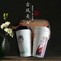 Net red retro style paper cup disposable milk tea cup thick coffee hot drink packing Cup with lid 500 customized