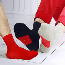 5 pairs of red socks mens life stepped on the villain wedding red bottom pure cotton deodorant mid-tube socks stockings tide