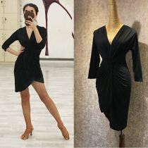 V-neck kink belly cover thin Latin dance dress Female dance practice suit Adult Latin practice suit class suit