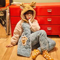Autumn and winter pajamas female coral velvet three-layer cotton thickened plus velvet winter cartoon cute home clothing set Winter