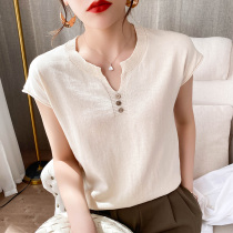 Cotton V-collar button short sleeve t-shirt summer dress new pure cotton bottom top Han edition loose and thin half sleeve