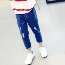 Girls casual jeans 2021 new autumn big childrens Korean edition stretch loose hole jeans long fashion