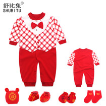 Newborn baby conjoined clothes 100 Days Full Moon Clothing Spring and Autumn summer thin newborn cotton male and female baby red