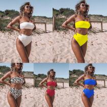 2019 European and American new solid color bikini high waist bikini sexy chest strap bikini womens swimsuit strap