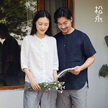 Songyong Chunxia couple linen shirt men and women solid color stitching loose thin can be worn outside round neck thin