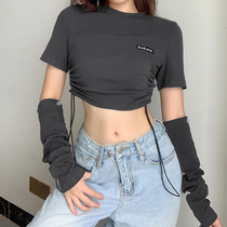 H home port style sexy tight navel short T-shirt female side drawstring detachable long sleeve two wear bottom top Gray