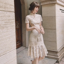 Fish tail cheongsam improved version of the young girl 2021 new summer fresh elegant lace dress dress