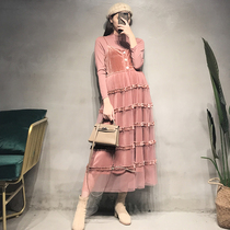 Autumn pregnant womens dress fashionable thin velvet stitching cake dress foreign style long suspender long skirt set