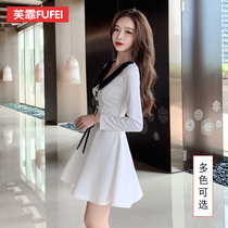 Square collar long sleeve dress waist thin temperament age A- line dress can salt sweet skirt night club women