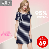  Workers peasants and soldiers pure cotton blue and white striped skirt night dress female summer pure cotton can be worn outside the bottom wild sea soul dress short