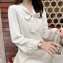 French vintage niche temperament Platycodon grandiflorum tea break skirt 2021 Spring and Autumn new waist slim long sleeve lace dress