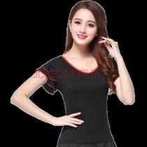 Square Dance Costume Cha Modal Team Ruffle Short Sleeve Top Dance Practice T-shirt Women Black Red