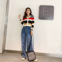 Spring suit womens 2020 new short knitted small man straight tube wide leg jeans show high two-piece set of foreign style