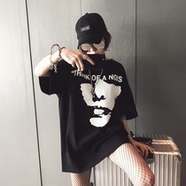 Hong Kong fashion brand t-shirt womens loose medium long short-sleeved large size thickened brushed bundy top clothes ins tide fat mmm