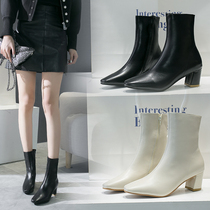 Thin boots net red single boots ins thick heel boots white small boots Womens boots Martin boots mid-autumn and winter