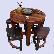 Old ship wooden round table solid wood outdoor round table small apartment home dining chair set balcony tea table and chair combination