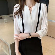 V-neck professional OL white shirt womens 2022 spring and summer new all-match thin chiffon top three-quarter sleeve shirt trend