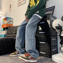 Sky jeans men summer thin in tide high street broad legs trousers retro loose straight tug trousers