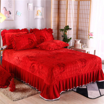 New Pint Big Red Bed Cover Wedding Celebration Autumn Winter Clip Cotton Single Piece Warm Crystal Suede Bed Cover Thickened Sheet Three Sets