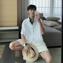 Hualun summer pleated linen thin ins leprosy handsome shirt mens short sleeves sense of luxury handsome square neck shirt tide