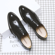 Tide brand spring autumn leather Brock carved mens shoes Korean trend British style leisure business inner leather shoes