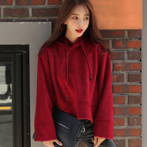 2019 early autumn new hooded short sweater women tide cool loose bf lazy wind red coat students Korean version