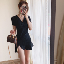 2021 summer new large size womens sexy V-neck short-sleeved tight-fitting thin split hip ruffle dress