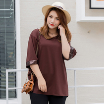 Large size womens clothing loose belly cover T-shirt half-sleeve long top plus fat fat big mm200 kg autumn middle sleeve