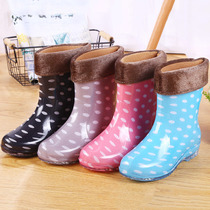 Add velvet cotton rain boots waterproof shoes rain boots rubber shoes overshoes water boots womens short tube fashion cute kitchen non-slip warm winter