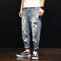 Tide brand beggar hole jeans male personality hip hop street loose super large size straight ankle-length pants casual pants