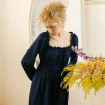 Chenxi original Palace wind nightgown women Spring and Autumn pure color knitted cotton long student Lady simple home clothes