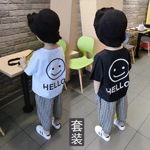 Middle and children baby foreign air short sleeves Two sets boy summer clothes plaid pants suit handsome tide children Han version loose