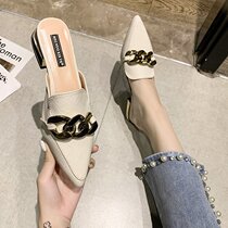Baotou Half Drag 2022 Spring new 100 Lap Metal Chain Pointed Slippers Women Low and lazy Man Mueller Shoes Chains
