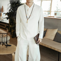 Spring linen T-shirt suit men long sleeve Zen clothing youth Tang pants two-piece loose Hanfu men