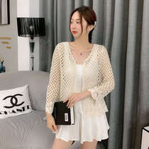 Outside Hitch Cardiovert Woman Thin summer hollowed-out white fit harness Two jacket blouses Korean version Loose Lace Shawl