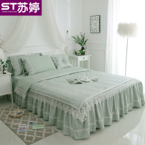  The new Korean version of the cotton bed skirt four-piece cotton princess style pastoral spring and summer bedding quilt cover bedspread 1 8m
