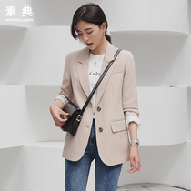  Net red small suit jacket female 2021 spring and autumn new Korean loose short striped turn-over sleeve solid color casual suit