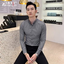 Autumn long sleeve striped shirt tide men Korean slim business casual stylist slide stretch men's shirt