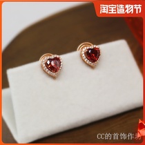 Earless pierced heart shaped red zircon ear clip CC jewelry workshop painless mosquito coil small shiny earrings