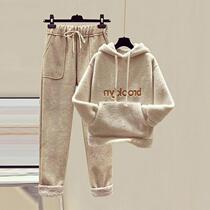 Autumn Winter Fashion Suit Female Korean version Loose Plus Suede Thickened Imitation Lamb Sweater 90% Gross Leisure Pants