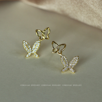 Sugar Cube S925 sterling silver gentle butterfly earrings with diamond zircon temperament Joker simple Japanese and Korean earrings