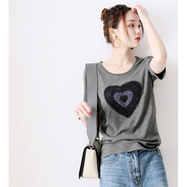 Japanese high-end fashion versatile comfortable girl wind shiny woven sequin design Love pattern t-shirt women
