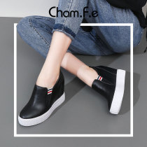 Full leather all-match small black shoes womens wedge heels 2021 spring and autumn ins thick-soled inner increase 10cm single shoes 154T