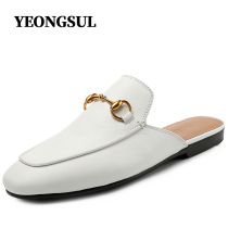 Baotou mens shoes half support 2021 spring and summer G horsebit buckle square head ribbon leather slippers classic G metal buckle mens slippers